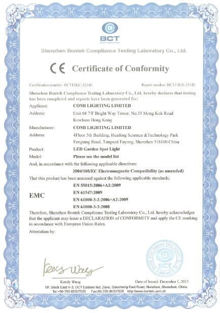 China COMI LIGHTING LIMITED Certificaten